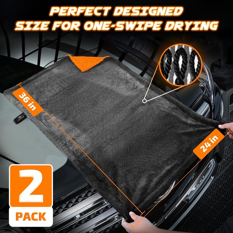 SMINDER 2-Pack 1200 GSM Car Drying Towels – Microfiber Towels for Cars (36" x 24"), Ultra-Absorbent, Streak-Free, Scratch-Free, No Water Spots, Double-Twist Pile & Edgeless Design(Orange) - Image 3